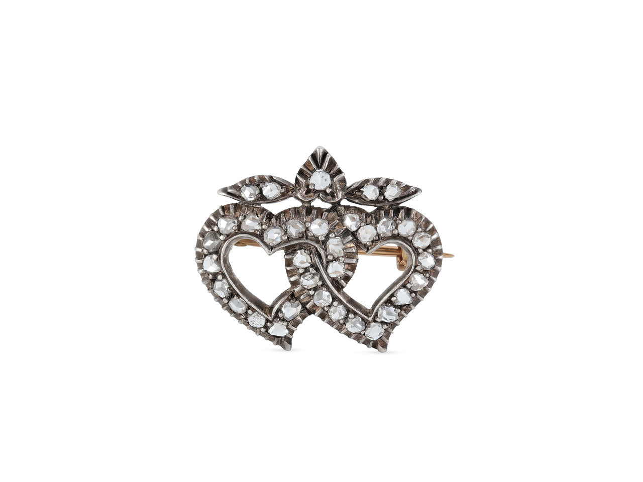 Antique Victorian Diamond Double Heart Pin in Silver over Gold