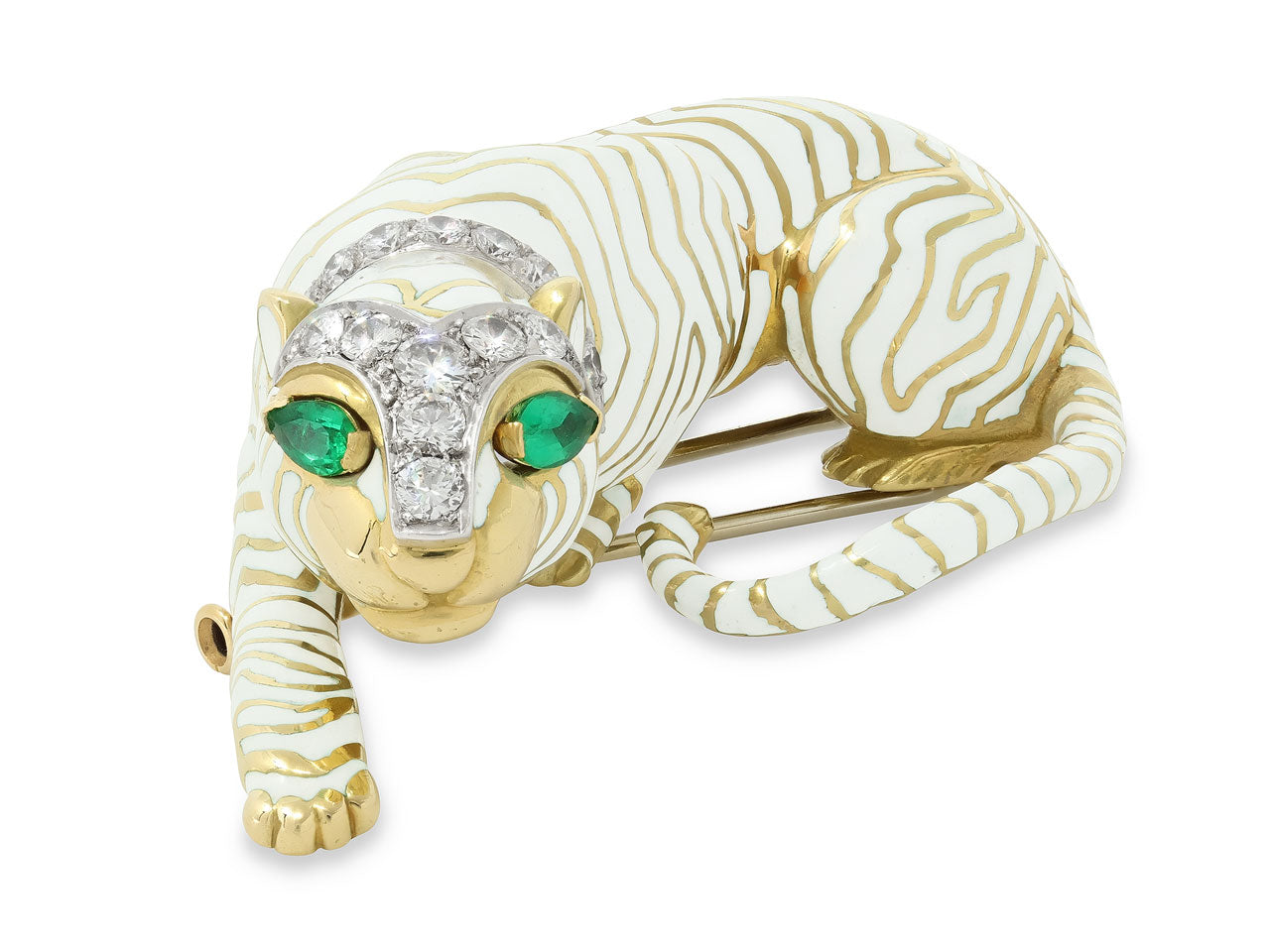 David Webb Tiger Brooch in White Enamel, Diamond and 18K Gold